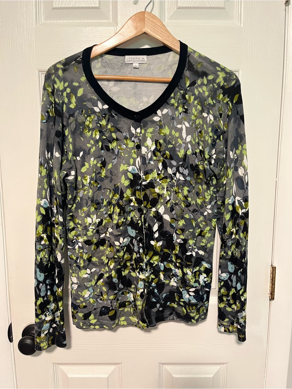 Joseph A Black Floral Leaf V-Neck Cardigan with Green and Blue Accents